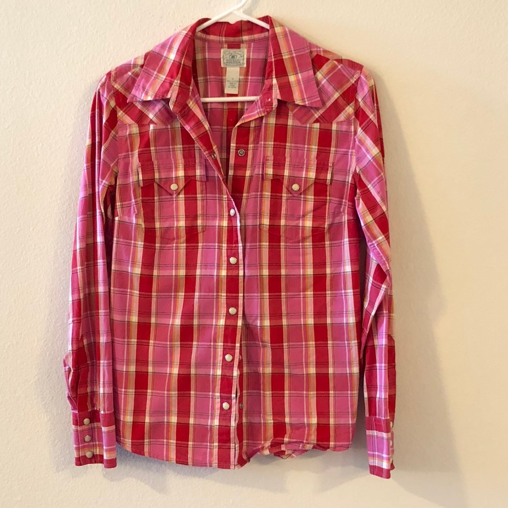 Red plaid "Lucky" snap down shirt
